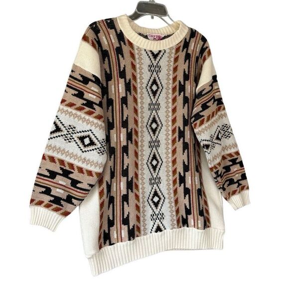 Vintage CLIFTON PLACE Brown Tan Slouchy Grandpa Southwestern Knit Sweater Sz L - Picture 2 of 8